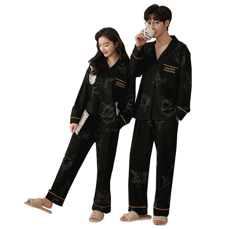 純棉睡衣情侶裝一男一女春秋長(zhǎng)袖韓版休閑可外穿家居服兩件套裝