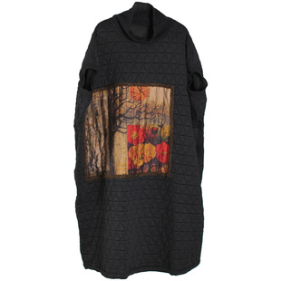 兮风品牌秋冬文艺拼接复古连衣裙宽松藏肉禅意气质高领中长棉袍子