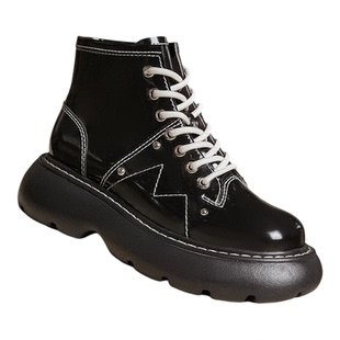 MIO米奥漆皮马丁靴冬季加绒明线黑色短靴时装靴厚底增高皮靴女鞋