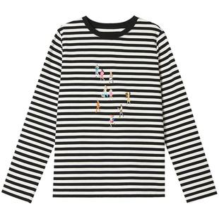 ToyzY 趣味印花条纹圆领长袖T恤上衣女宽松休闲风ZC35160070