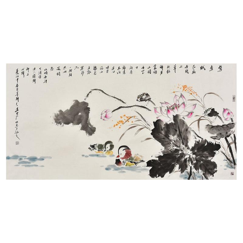 名师纯手绘花鸟画荷花荷叶荷塘鸳鸯戏水和美图 国画宣纸画真迹