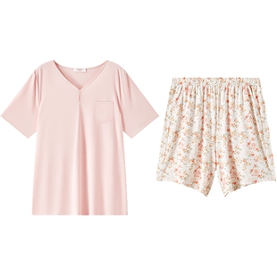 曼妮芬可外穿女家居服V领短袖短裤套装舒适起居服睡衣20312064