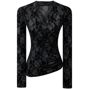 咖色植绒提花上衣女秋新款纯欲性感蕾丝V领长袖修身显瘦内搭T恤衫