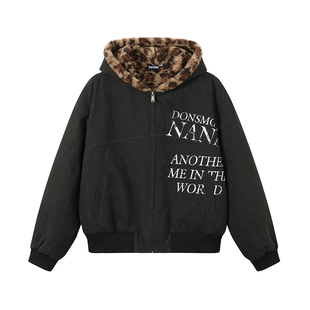 DONSMOKE正版授权NANA毛绒豹纹棉服冬季连帽外套加厚宽松座山雕