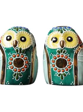 日本九谷烧陶瓷猫头鹰摆件装饰