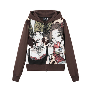 DONSMOKE正版授权NANA奈印花正肩棕色开衫休闲连帽卫衣