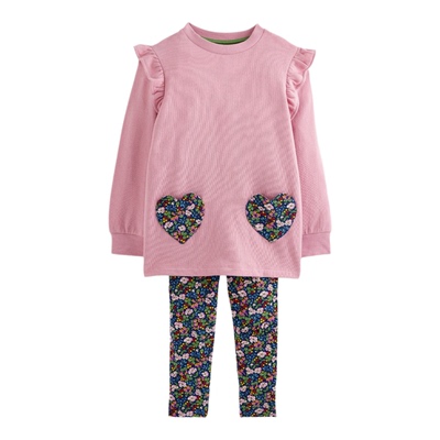 英国Mini Boden女童粉色口袋碎花长款长袖T恤裙打底裤套装G5420