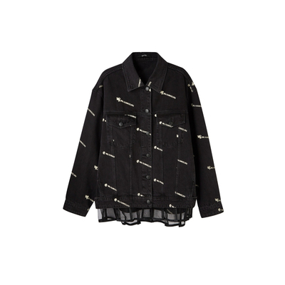 U/TI联名款黑色网纱牛仔拼接外套女百搭丹宁上衣尤缇2024秋季新款