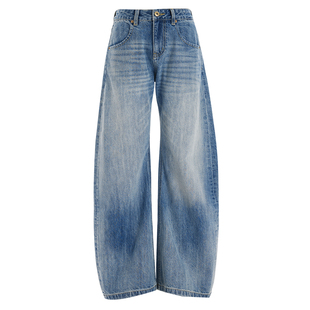 ZRSEE 美式复古天空蓝弯刀牛仔裤女春季新款高腰宽松慵懒风阔腿裤