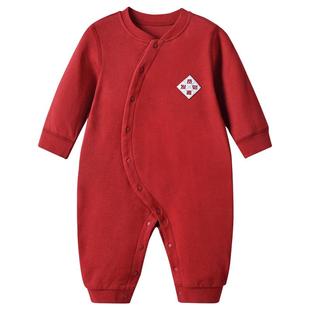 婴儿红色连体衣宝宝新年衣服春秋喜庆周岁拜年服纯棉幼儿满月爬服