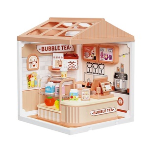 潮品世界DIY手工拼搭奶茶店汉堡店蛋糕冰激凌店微景小屋儿童玩具