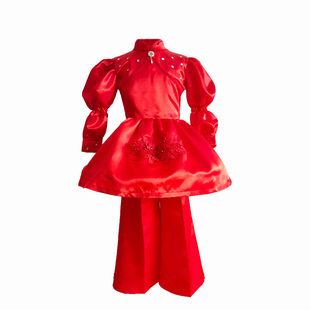 红团红逗逗儿童演出服红色女童立领刺绣泡泡袖舞蹈服喜庆表演服新