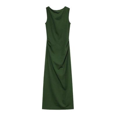 贰羊设计【青檀】复古高级绿通勤连衣裙女极简设计感扭结修身长裙