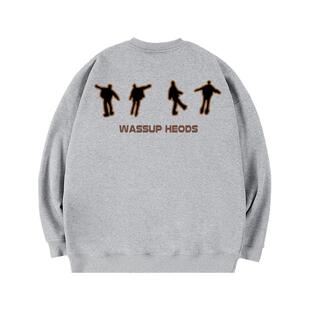 WASSUP阴影人像美式重磅灰色卫衣男秋冬季宽松加绒情侣圆领上衣服