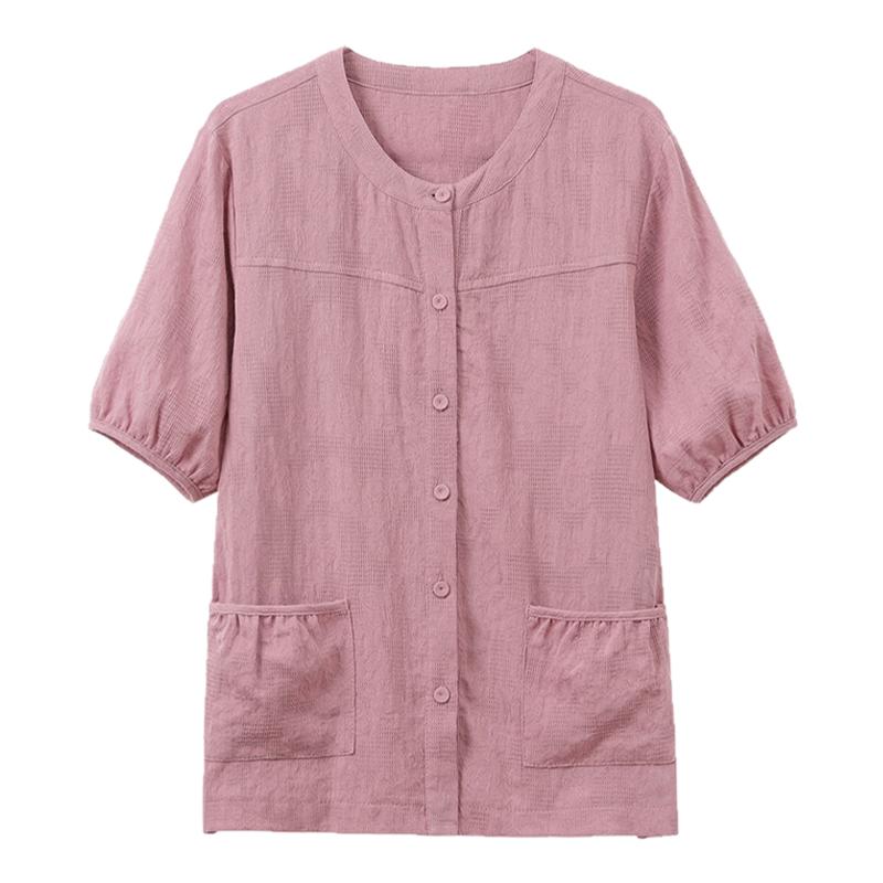女士夏季圆领纯棉短袖衬衫