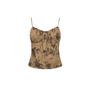 Middletone 赤茶玫瑰~法式复古水墨印花显瘦吊带上衣连衣裙长裙