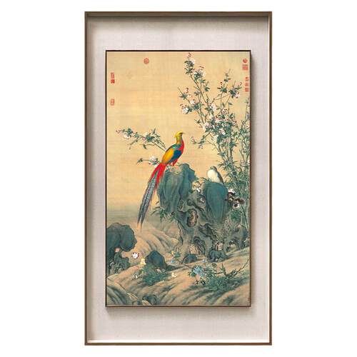 郎世宁锦春图新中式玄关装饰画过道走廊墙壁画书房茶室入户门挂画