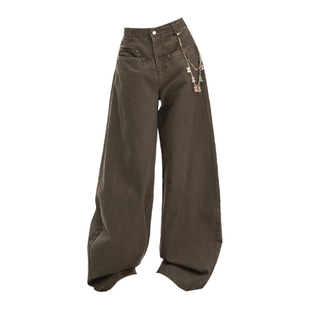美式复古可可色高腰阔腿牛仔裤女宽松显瘦百搭工装弯刀裤休闲长裤