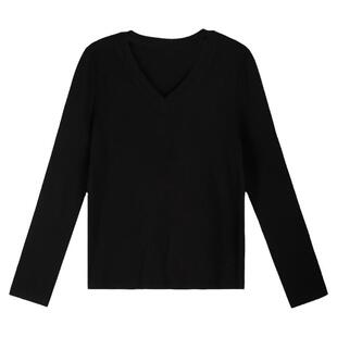 pusumede 黑色t恤女v领长袖针织衫韩版宽松休闲百搭内搭打底上衣