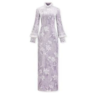 画报夫人新中式紫色旗袍冬装2026新款丝绒改良绝美日常长袖连衣裙