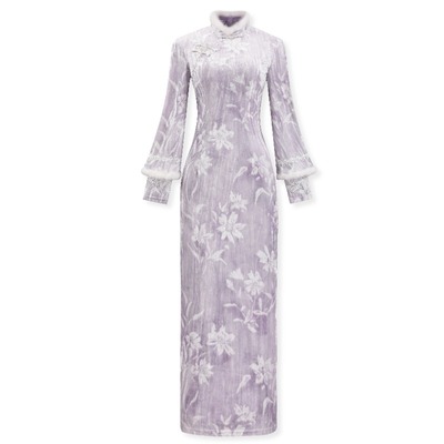 凌茜新中式紫色丝绒旗袍冬装新款