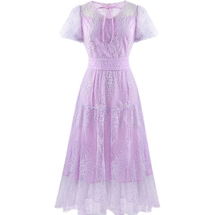 清仓【星光熠熠】浪漫紫通勤仙美收腰A字连衣裙气质蕾丝中长裙夏