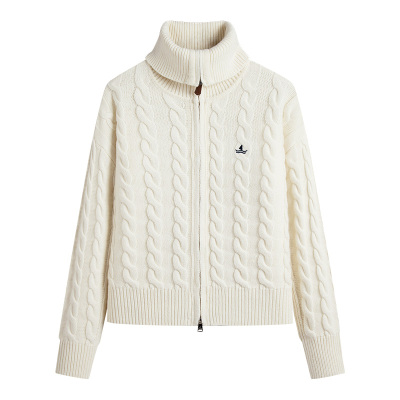 Navigare意大利小帆船绞花大翻领毛衣外套女士纯羊毛秋季针织开衫