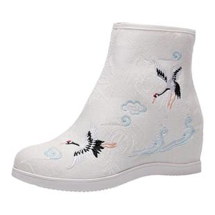 老北京布鞋民族风单靴仙鹤内增高绣花鞋子汉服古风鞋汉元素短靴女