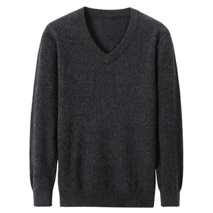 新款100%纯羊毛衫男厚款纯色V领毛衣中年秋冬季鸡心领打底羊绒衫