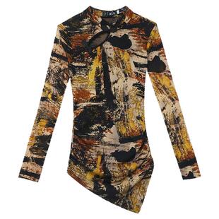 2026秋冬新款潮复古T恤女装不规则上衣镂空网纱加绒打底衫女长袖