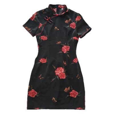 黑色玫瑰花旗袍2025新款女小个子