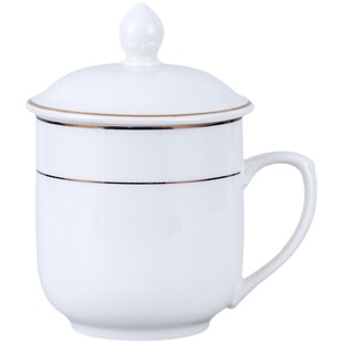 酒店宾馆陶瓷杯子带盖办公室金边会议杯商务喝水杯瓷杯子定制logo