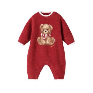 贝肽斯半边绒婴儿连体衣冬装外出服红色喜庆满月宝宝拜年衣服睡衣
