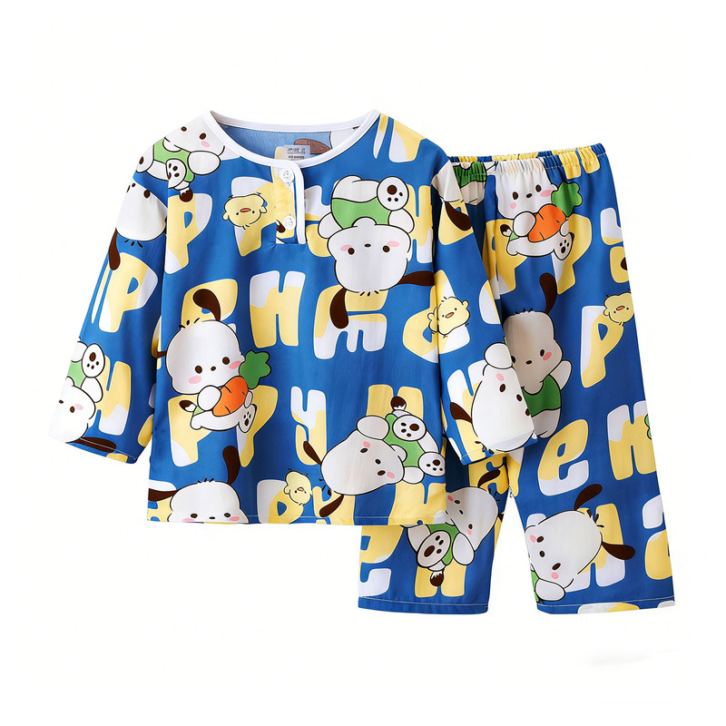 春秋男女童棉绸薄款家居服套装