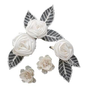 新娘头饰韩式缎面森系超仙花朵边夹甜美简约发夹结婚纱礼服配饰品