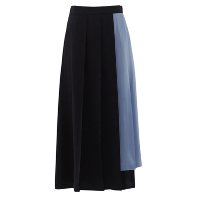 AUM噢姆秋季半身裙通勤OL蓝色拼接百褶裙半裙女