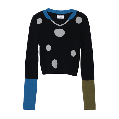 MOVEUP幻走2024春季新款V领撞色波点设计师针织衫女124131803