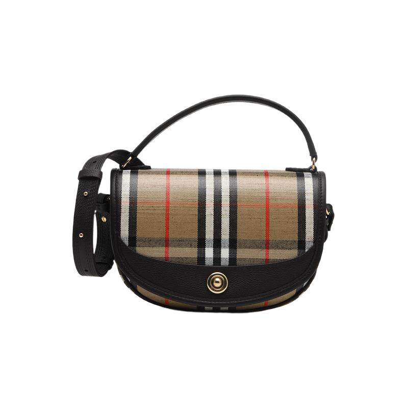 【自营】BURBERRY/博柏利女士皮革饰边格纹手提单肩斜挎包马鞍包