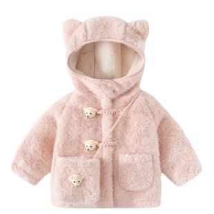 班喜迪女童外套冬装女宝宝加绒毛毛上衣儿童加厚棉袄冬季连帽棉服