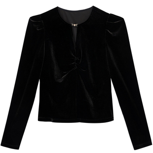 黑色泡泡袖圆领褶皱小衫女MOFAN摩凡2025秋冬小开口设计女式上衣