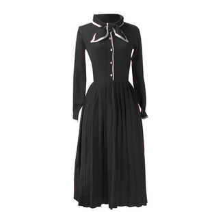 复古秋冬款毛衣长裙赫本收腰针织连衣裙蝴蝶结黑色显瘦气质裙子女