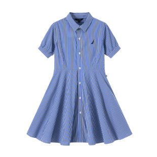 NAUTICA童装 女童竖条纹衬衫连衣裙夏季学院时尚经典裙子棉质透气