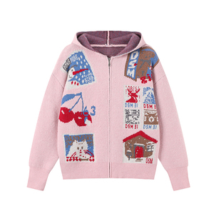 DONSMOKE北极绒邮票连帽毛衣开衫DSM卡通图案设计感秋冬慵懒毛衣