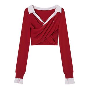 ACMEAURA秋冬高级感超好看减龄独特别致小香风红色假两件上衣女