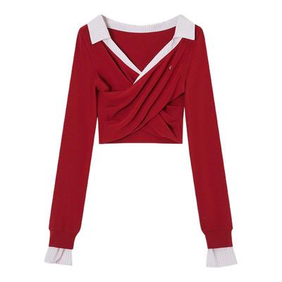 ACMEAURA秋冬高级感超好看减龄独特别致小香风红色假两件上衣女