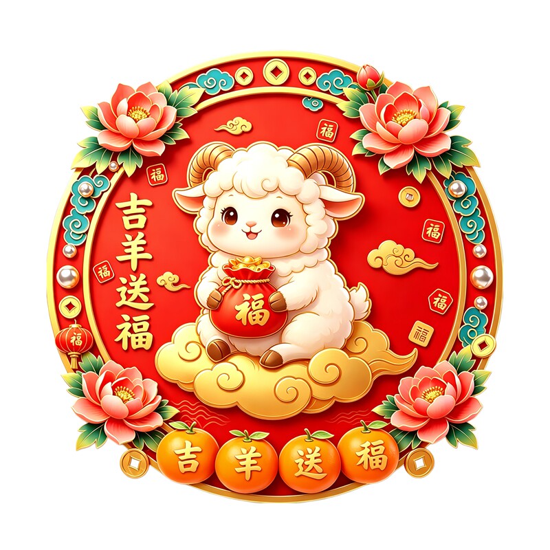 圆形吉羊送福墙贴卡通小羊贴画牡丹福袋铜钱元素新春吉祥年味贴纸