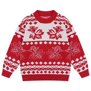 EBAER儿童纯棉毛衣2026新款冬季男女童针织衫马年拜年服加厚上衣