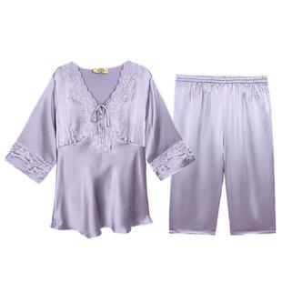 美标真丝睡衣送妈妈女士中短袖七分裤套装100%桑蚕丝绸家居服美标