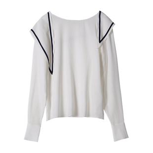 LILYSILK莉莉秀客海军风领巾衬衫水手风贝母扣100%桑蚕丝衬衣女士