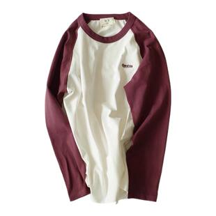 过载商店 蒲萄/米白 纯棉美式复古滚领拼色长袖T男女情侣